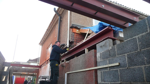 steels ready for sidewall demolition for opening kitchen extension and  preparation for first floor joists